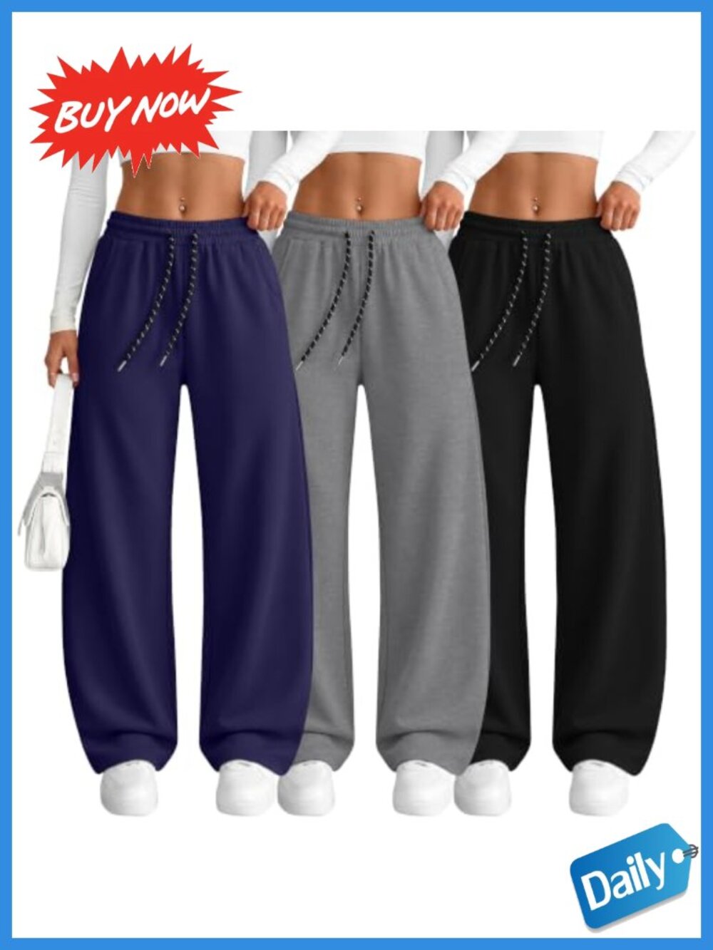 Wide Leg Baggy Lightweight Sweatpants High Waist Pockets 3 Pack
